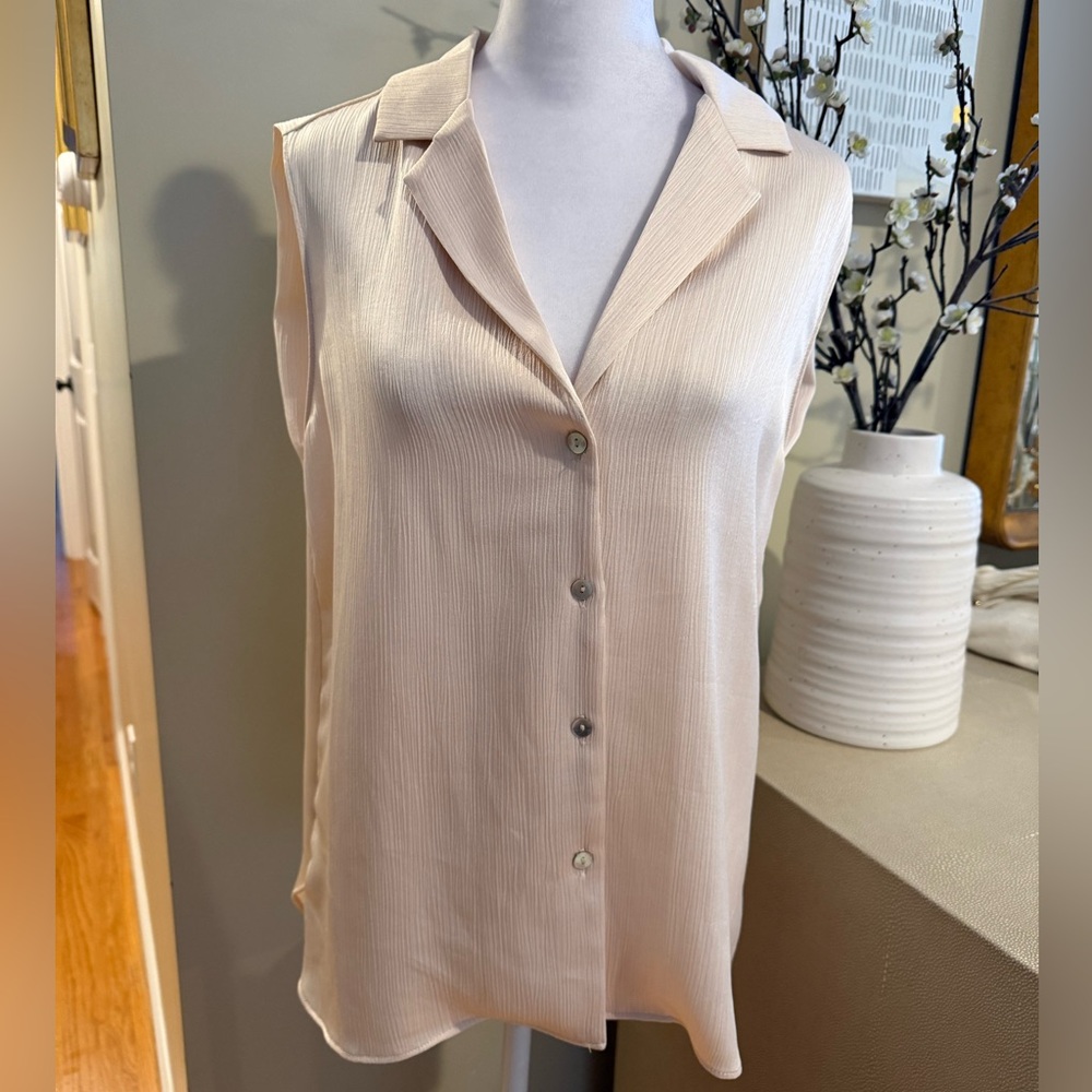 Bobbles and Lace cream silky collared button up sleeveless Blouse